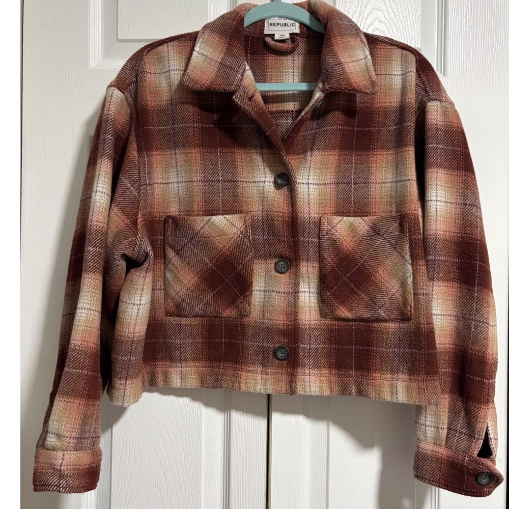 For the Republic Womens Cropped Plaid Shacket Rust Brown Fleece Jacket Size M
